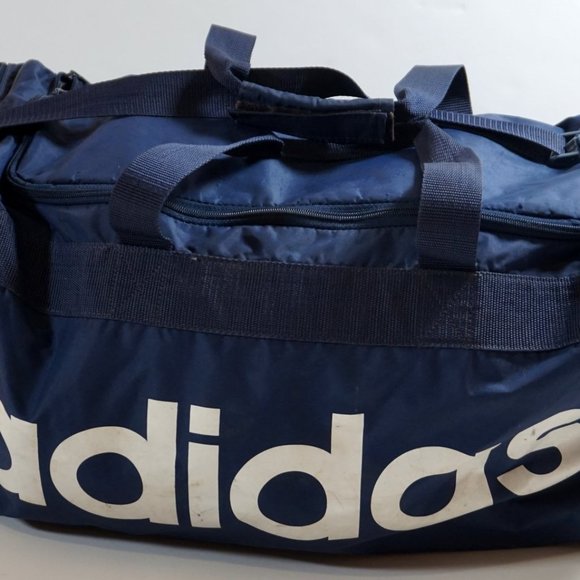 Vintage 90s Adidas Duffle Bag Gym Big Crossbody Navy Blue Spellout Graphic